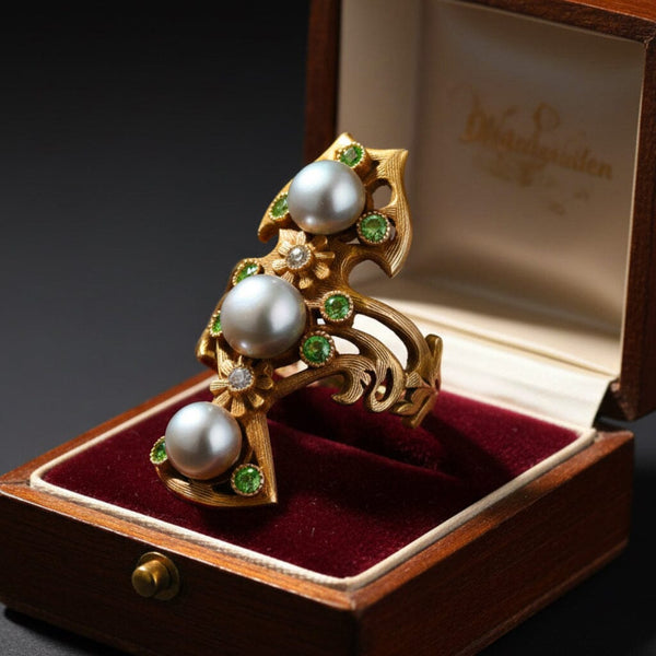 Antique Art Nouveau Pearl Demantoid Garnet Diamond Ring 14K Gold