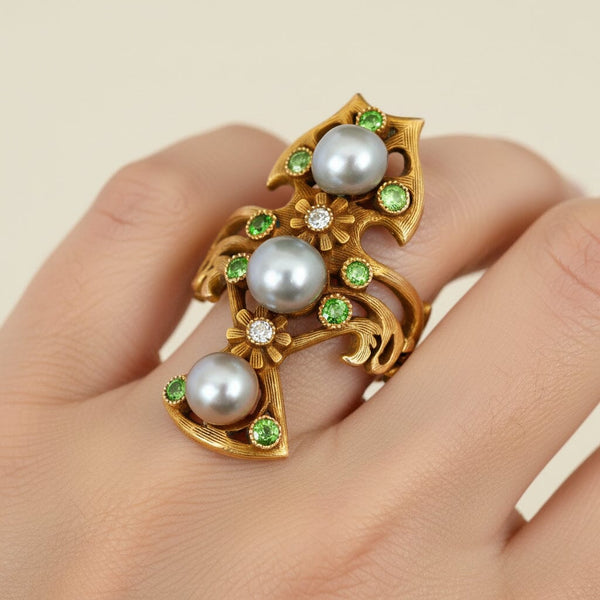 Antique Art Nouveau Pearl Demantoid Garnet Diamond Ring 14K Gold