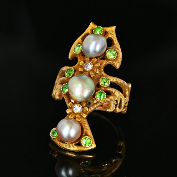 Antique Art Nouveau Pearl Demantoid Garnet Diamond Ring 14K Gold