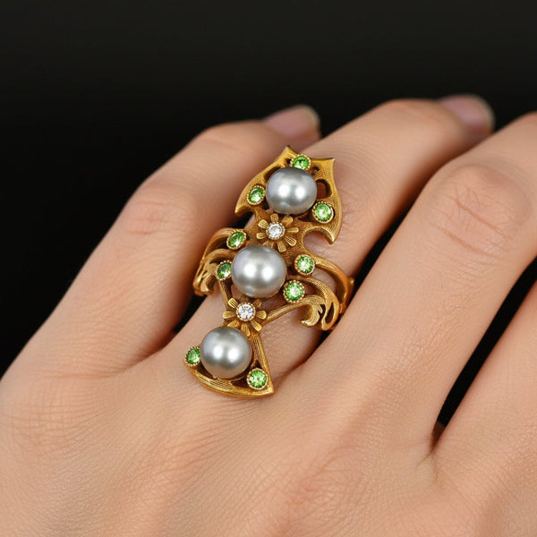 Antique Art Nouveau Pearl Demantoid Garnet Diamond Ring 14K Gold