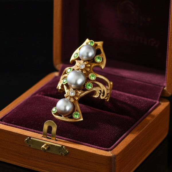Antique Art Nouveau Pearl Demantoid Garnet Diamond Ring 14K Gold