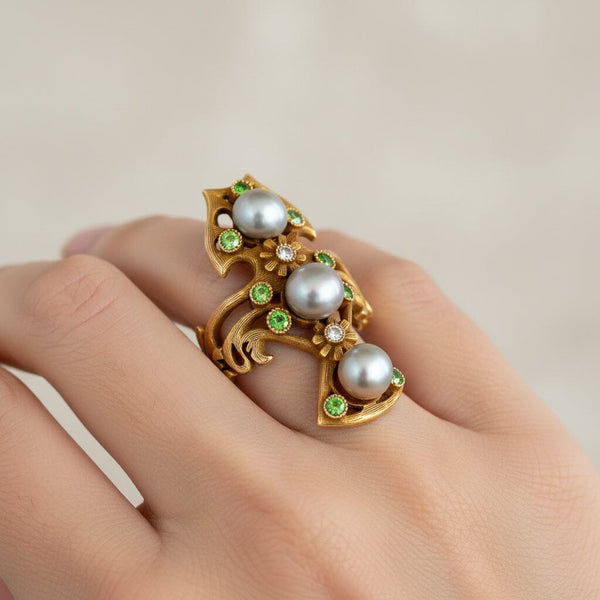 Antique Art Nouveau Pearl Demantoid Garnet Diamond Ring 14K Gold