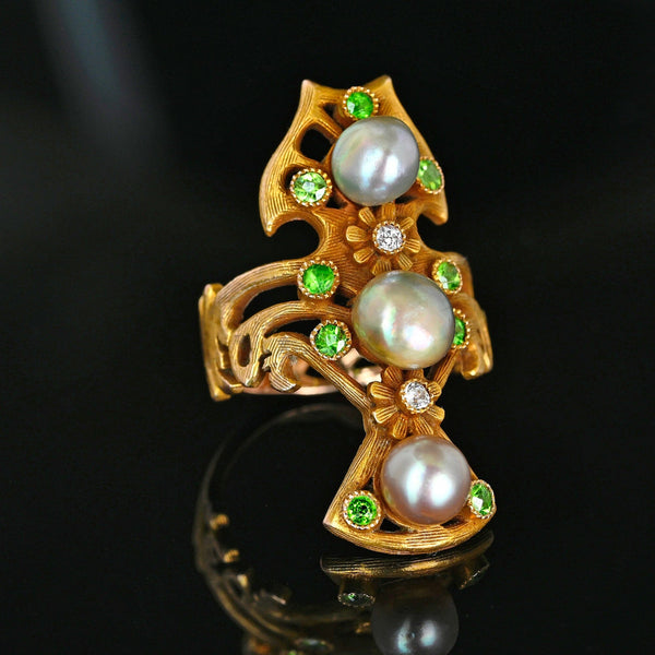Antique Art Nouveau Pearl Demantoid Garnet Diamond Ring 14K Gold
