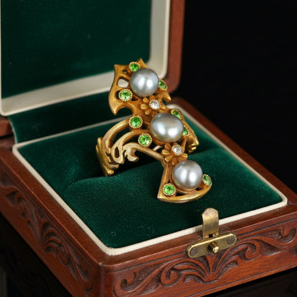 Antique Art Nouveau Pearl Demantoid Garnet Diamond Ring 14K Gold