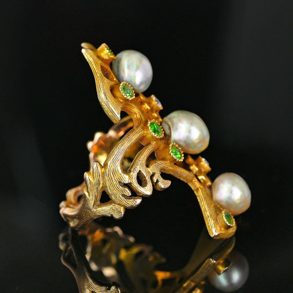 Antique Art Nouveau Pearl Demantoid Garnet Diamond Ring 14K Gold