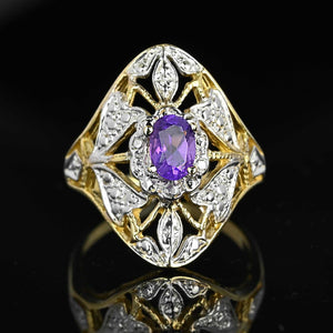 10K White & Yellow Gold Floral Panel Amethyst Ring - Boylerpf