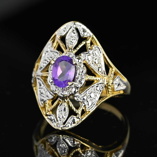 10K White & Yellow Gold Floral Panel Amethyst Ring - Boylerpf