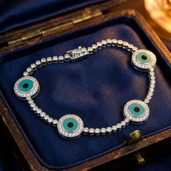 18K Gold Diamond Evil Eye Bracelet with Turquoise Enamel