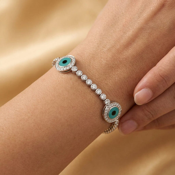 18K Gold Diamond Evil Eye Bracelet with Turquoise Enamel