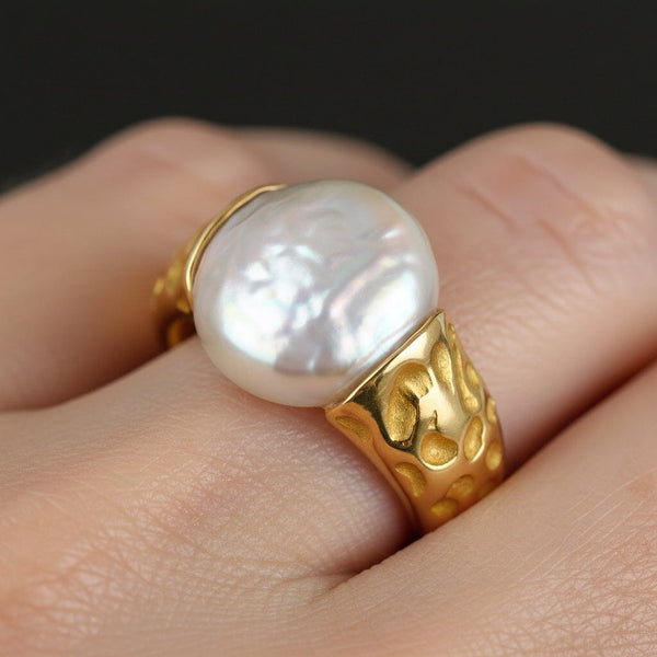 Vintage Baroque Pearl Ring 14K Gold Wide Band Estate