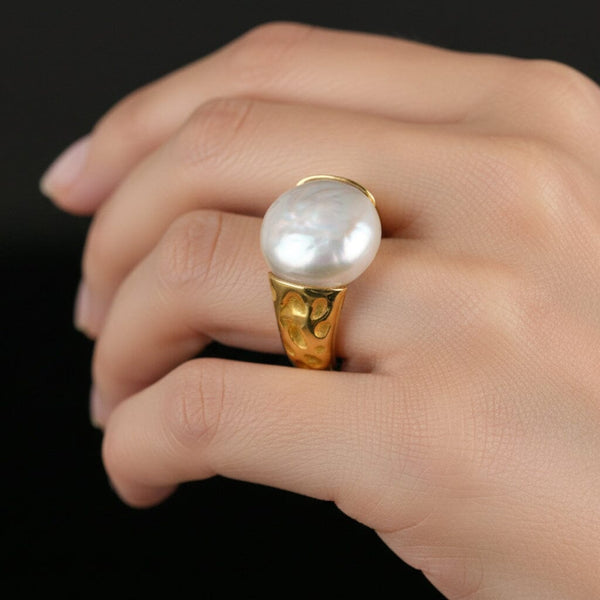 Vintage Baroque Pearl Ring 14K Gold Wide Band Estate