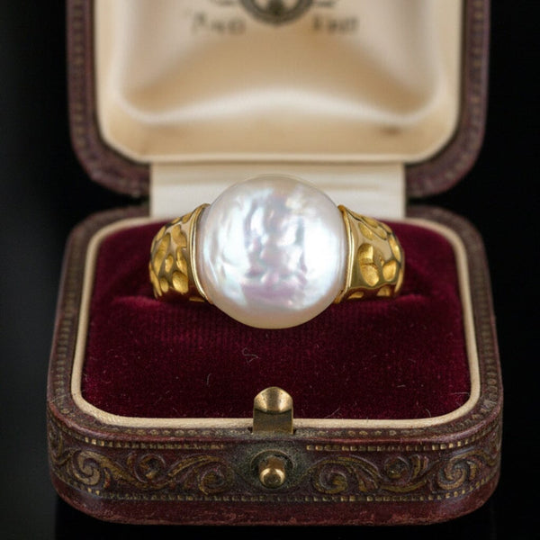 Vintage Baroque Pearl Ring 14K Gold Wide Band Estate