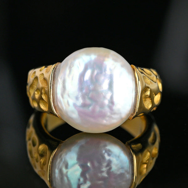 Vintage Baroque Pearl Ring 14K Gold Wide Band Estate
