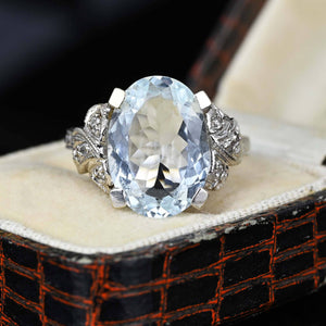 Antique 14K White Gold Art Deco Diamond Aquamarine Ring - Boylerpf
