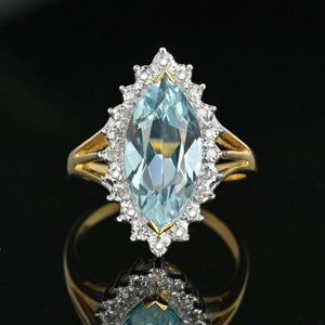 Vintage Gold Diamond Halo Marquise Blue Topaz Ring - Boylerpf