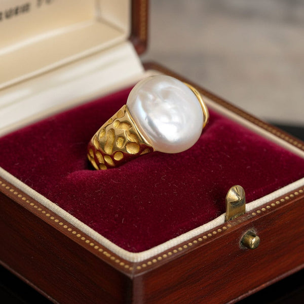 Vintage Baroque Pearl Ring 14K Gold Wide Band Estate
