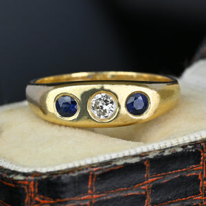 Antique 14K Gold Sapphire Diamond Ring Gypsy Band - Boylerpf