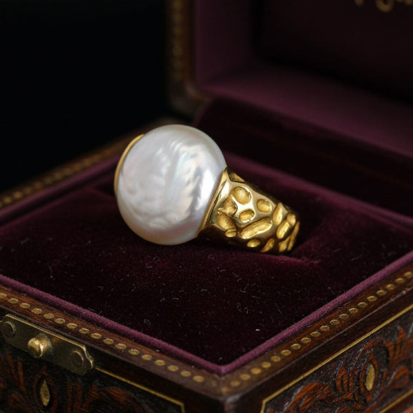 Vintage Baroque Pearl Ring 14K Gold Wide Band Estate
