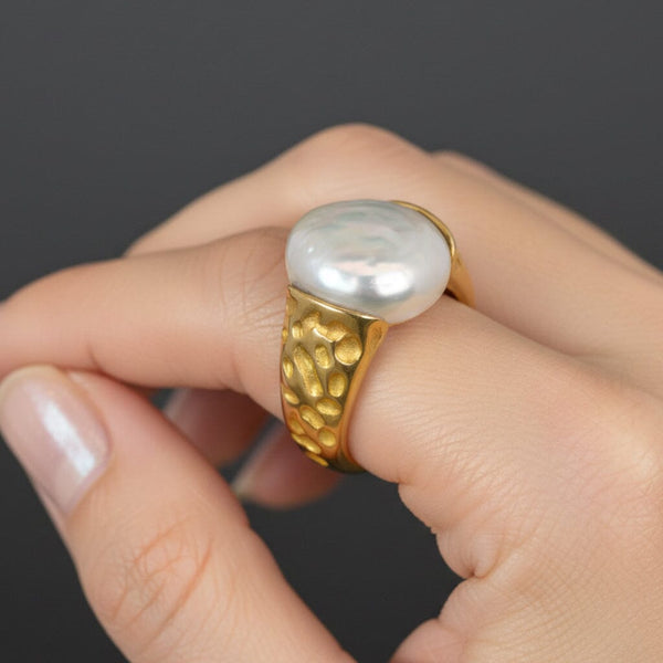 Vintage Baroque Pearl Ring 14K Gold Wide Band Estate