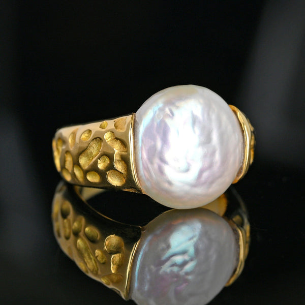 Vintage Baroque Pearl Ring 14K Gold Wide Band Estate