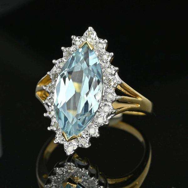 Vintage Gold Diamond Halo Marquise Blue Topaz Ring - Boylerpf