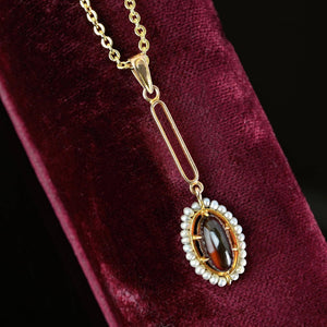 Antique Edwardian Seed Pearl Garnet Cabochon Pendant - Boylerpf