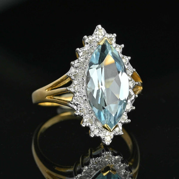 Vintage Gold Diamond Halo Marquise Blue Topaz Ring - Boylerpf