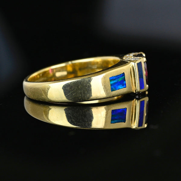 Wide 14K Gold Rhodolite Garnet Opal Ring Band Diamond Accents - Boylerpf