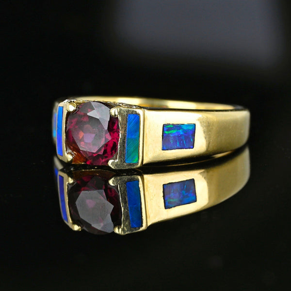 Wide 14K Gold Rhodolite Garnet Opal Ring Band Diamond Accents - Boylerpf