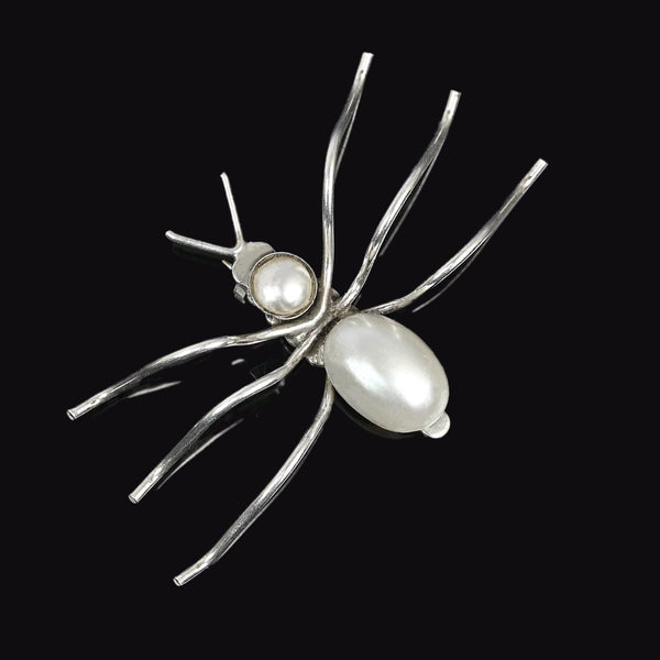 Vintage Sterling Silver Spider Brooch with Pearl Body