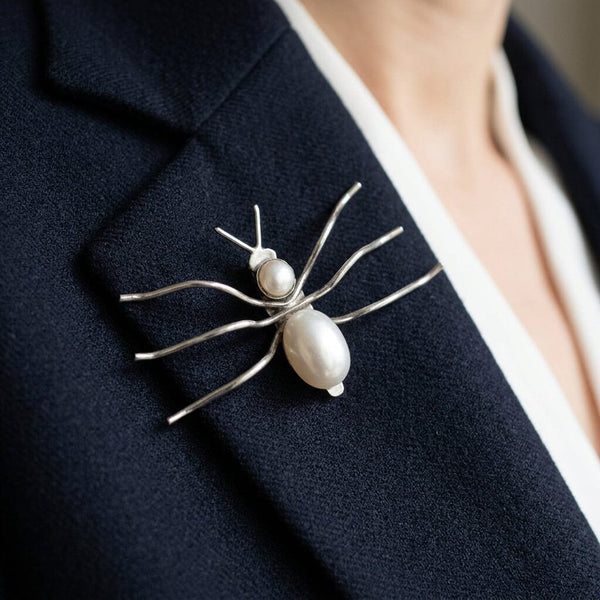 Vintage Sterling Silver Spider Brooch with Pearl Body