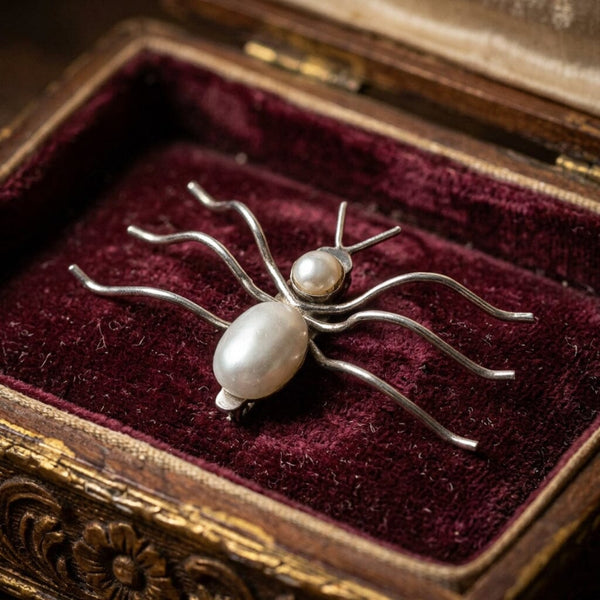 Vintage Sterling Silver Spider Brooch with Pearl Body