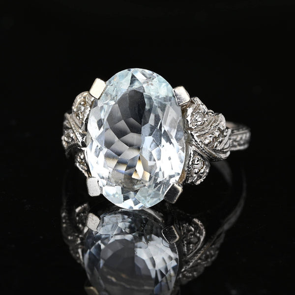 14K White Gold Art Deco Diamond Aquamarine Ring - Boylerpf