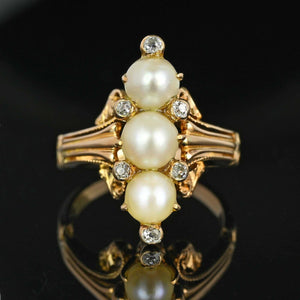 Antique Mine Cut Diamond Three Stone Pearl Ring in 14K Gold - Boylerpf