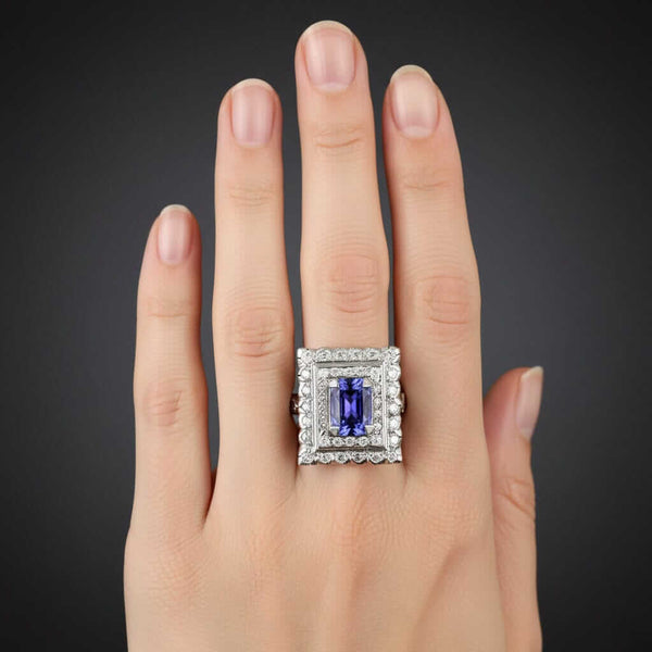 Vintage French Tanzanite & Diamond Ring in 18K White Gold - Boylerpf