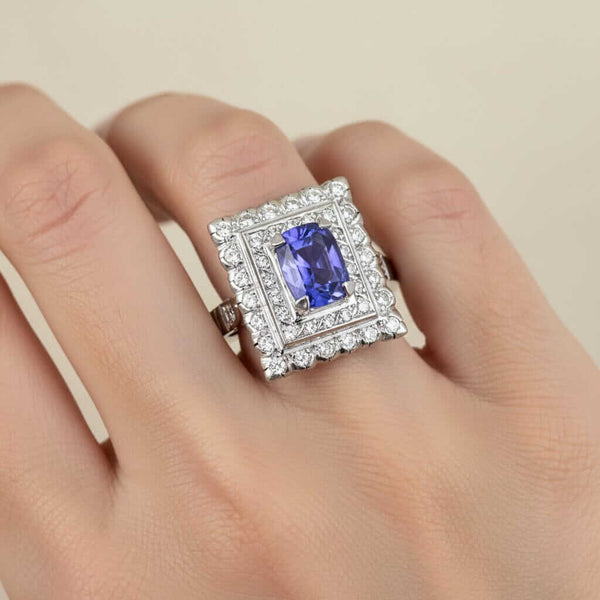 Vintage French Tanzanite & Diamond Ring in 18K White Gold - Boylerpf