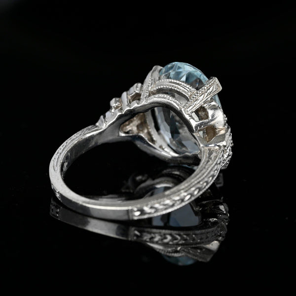 14K White Gold Art Deco Diamond Aquamarine Ring - Boylerpf