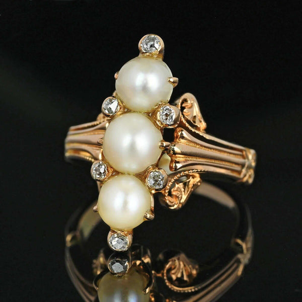 Antique Mine Cut Diamond Three Stone Pearl Ring in 14K Gold - Boylerpf