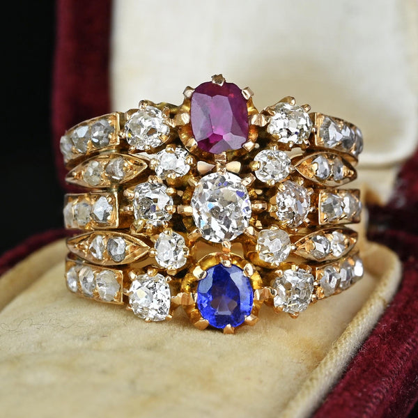 Antique 18K Gold Mine Cut Diamond Ruby Sapphire Ring - Boylerpf