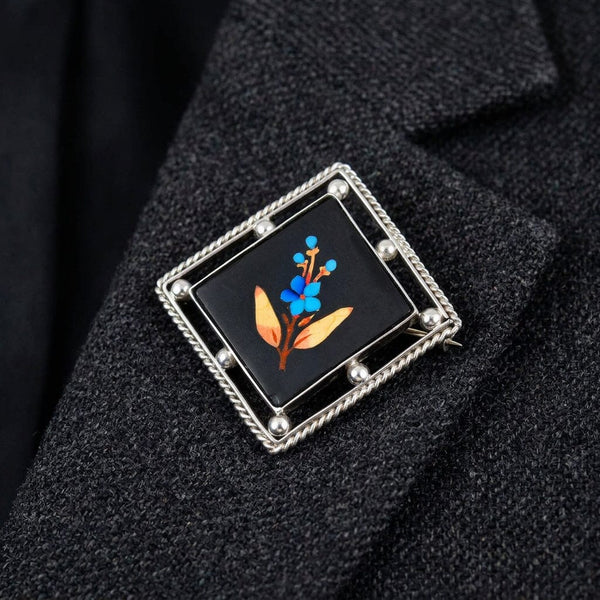 Antique Victorian Pietra Dura Turquoise Floral Brooch - Boylerpf