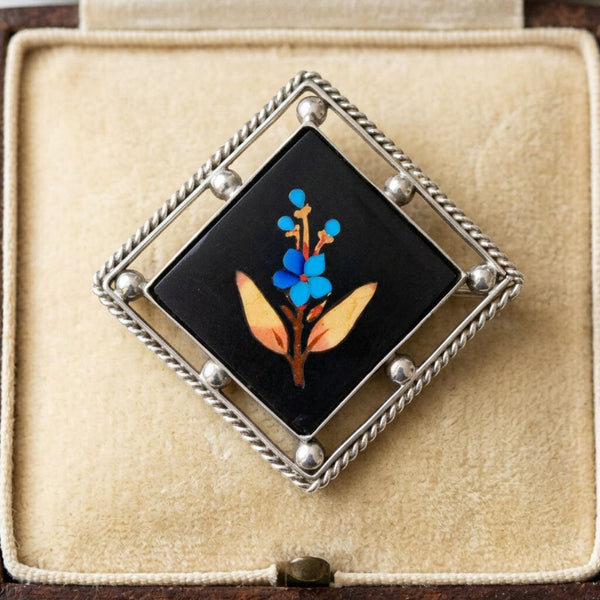 Antique Victorian Pietra Dura Turquoise Floral Brooch - Boylerpf