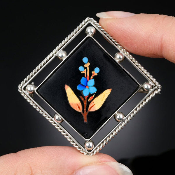 Antique Victorian Pietra Dura Turquoise Floral Brooch - Boylerpf