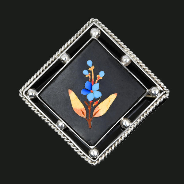 Antique Victorian Pietra Dura Turquoise Floral Brooch - Boylerpf