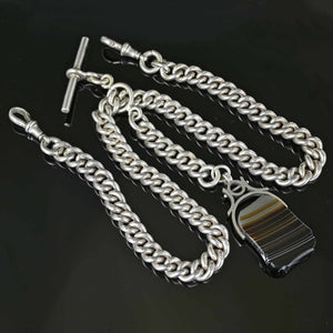 Antique Double Albert Silver Watch Chain w Banded Agate Fob | Boylerpf