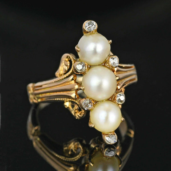 Antique Mine Cut Diamond Three Stone Pearl Ring in 14K Gold - Boylerpf