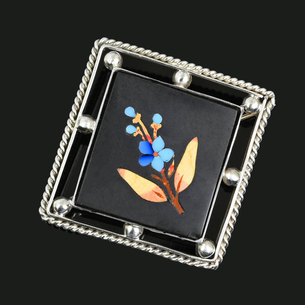 Antique Victorian Pietra Dura Turquoise Floral Brooch - Boylerpf