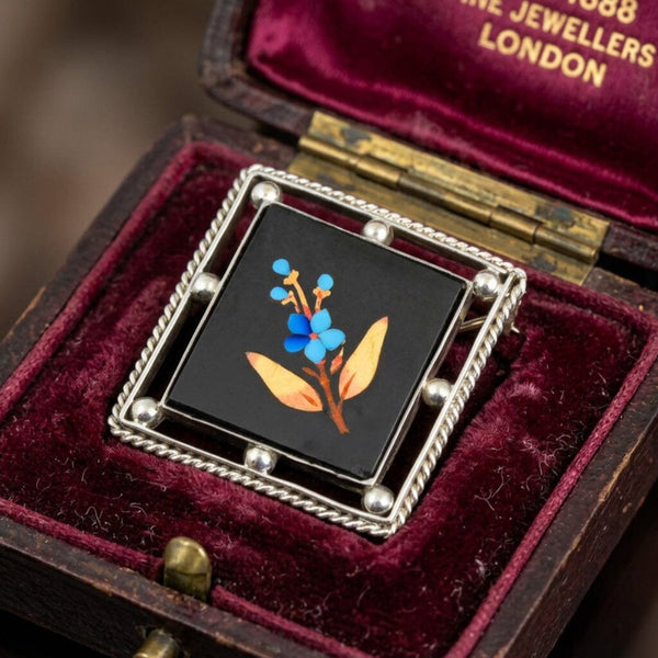 Antique Victorian Pietra Dura Turquoise Floral Brooch - Boylerpf