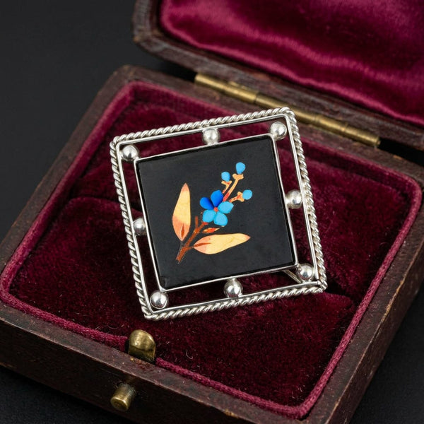 Antique Victorian Pietra Dura Turquoise Floral Brooch - Boylerpf