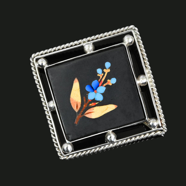 Antique Victorian Pietra Dura Turquoise Floral Brooch - Boylerpf