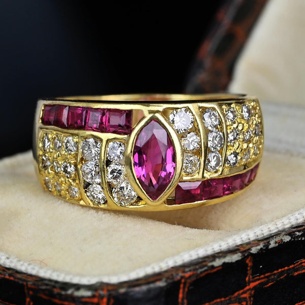 Wide 18K Gold Diamond Marquise Ruby Ring Band - Boylerpf